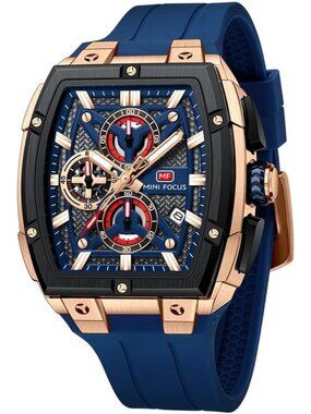 Men's Blue Golden Analog Wrist Skeleton Tonneau Chronograph Enthusiasts Watch